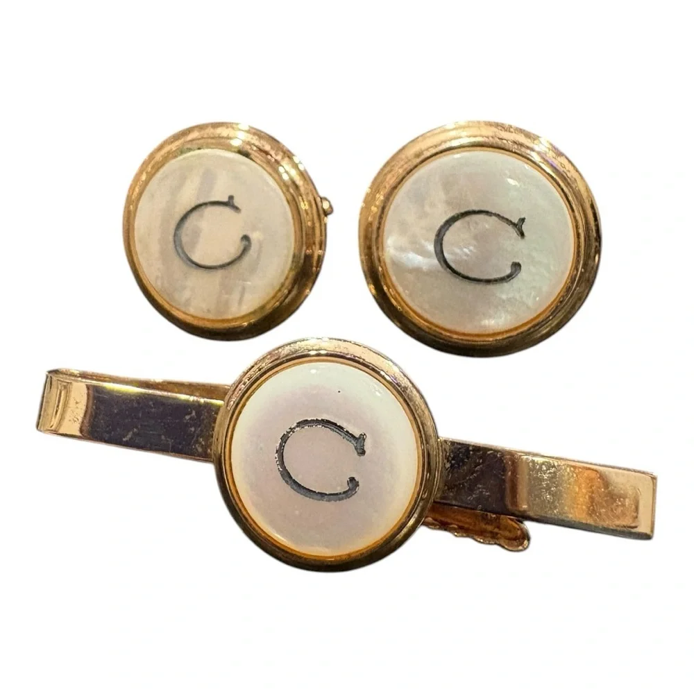 Vintage Mother of Pearl Initial C Tie Bar Cufflinks Set J23